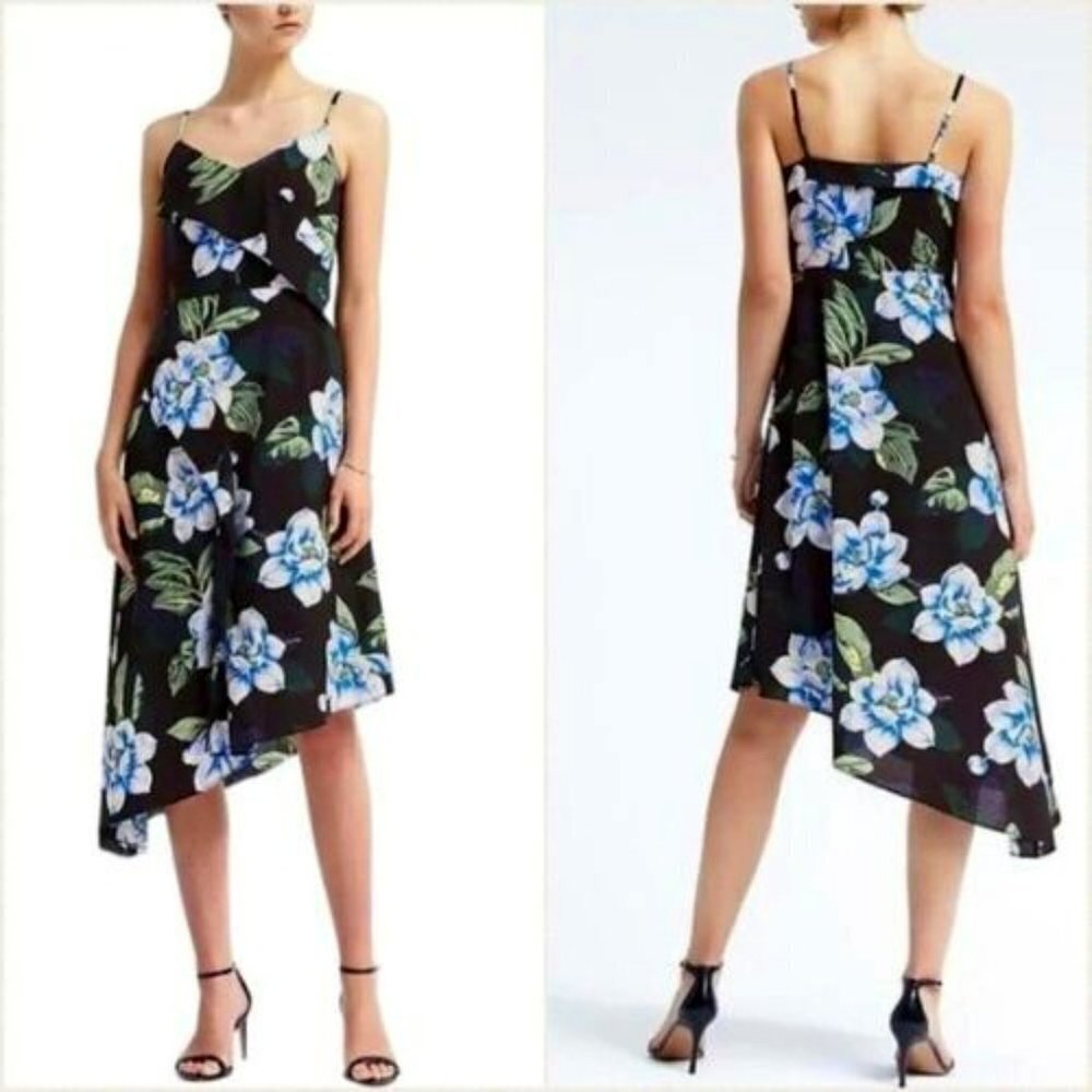 COPY - Banana Republic Black Blue Floral Spaghetti Strap Asymmetric Midi Dress 8